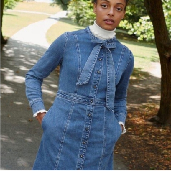 Boden Dresses & Skirts - Boden Denim Bow Long Sleeve Button Down Dress US Size 10